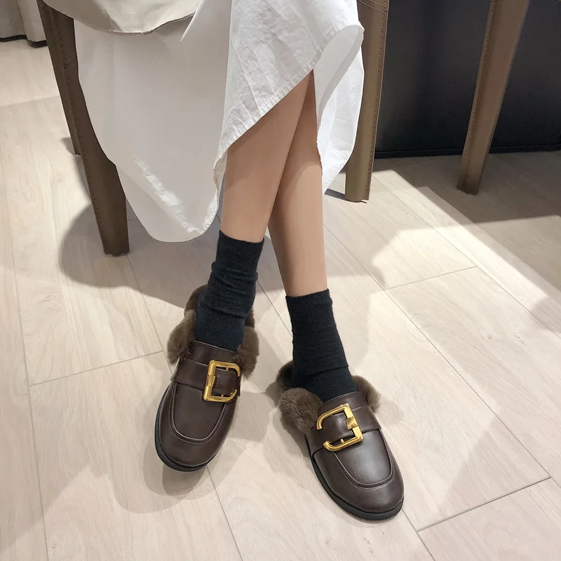 

Street Snap-Style Slipper 2019 New Style Outer Wear Autumn Korean-style Online Celebrity Versatile Metal Buckle Fur Slipper Flat