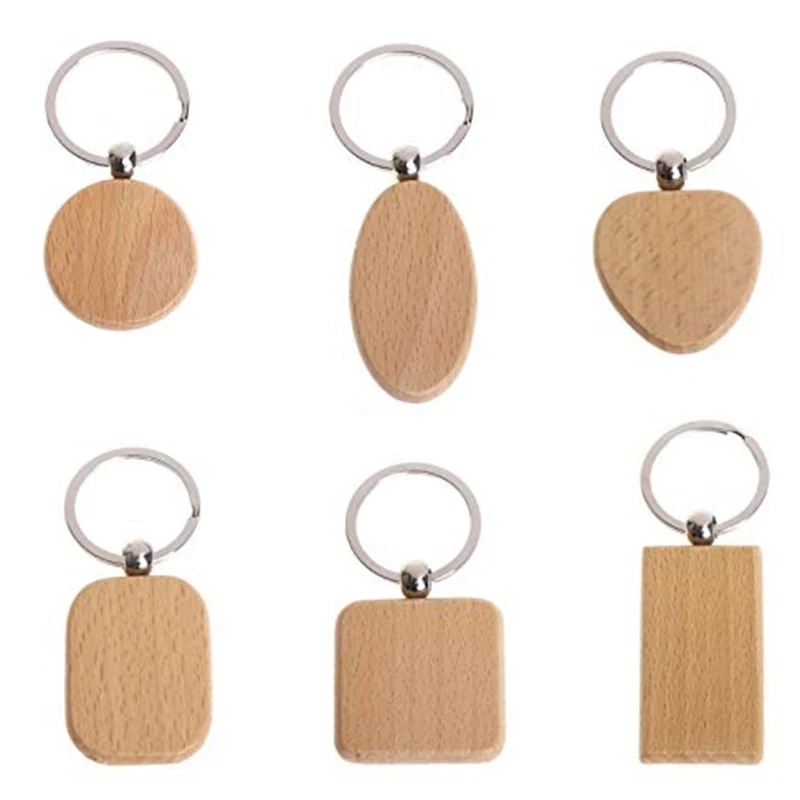 

50Pcs DIY Blank Wooden Key Chain Rectangle Heart Round Ellipse Carving Key Ring Wood Key Chain Ring