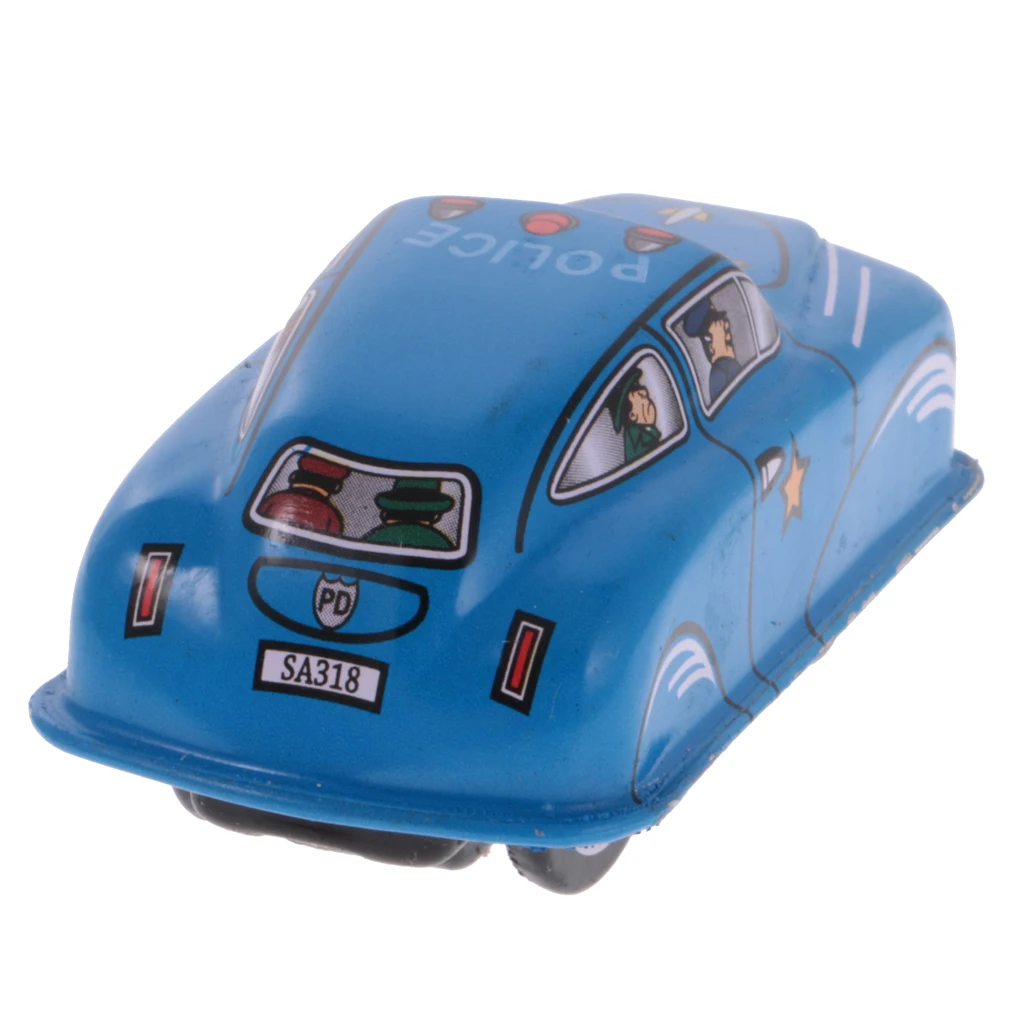 2 Pieces: Vintage Metalwork Taxi Car & Police Car Model Wind-up Running Clockwork Tin Toy Collectibles