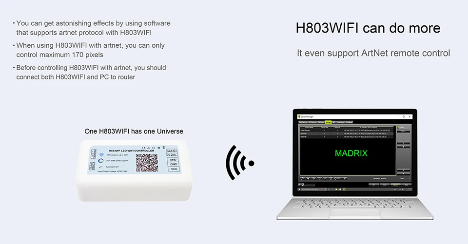 H803 wifi светодиодный контроллер Drive Max 2048 пикселей Поддержка ArtNet для WS2812 WS2811 DMX512 Pixel светильник DC5-24V