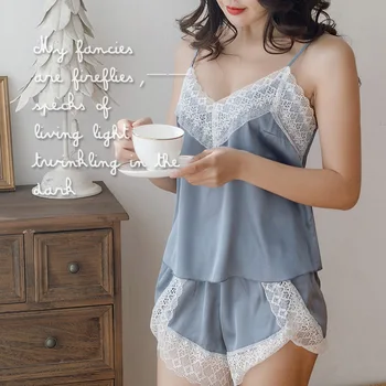 

Pajamas Women's Thin Summer Sexy Viscose Fiber Strap Shorts Two-Piece Casual Vest Suit Leisure Tops