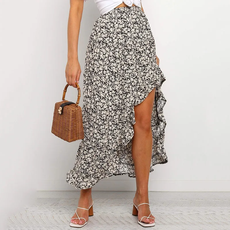 New Vintage High Waist Printing Irregular Women Skirts Spring Summer Beach Casual Women Mini Skirts Pleated Skirt Clothes  (13)