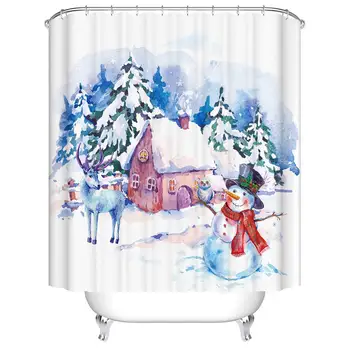

Watercolors Snowman and Elk Pattern Digital Print Shower Curtains for Bathroom Decor,Polyester Waterproof Fabric Bath Curtain