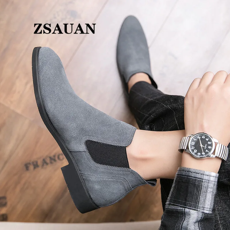 

ZSAUAN Grey Fashion Men Chelsea Boots Basic Artificial Suede Leather Pointed Ankle Boots for Men British Autumn Spring Shoes