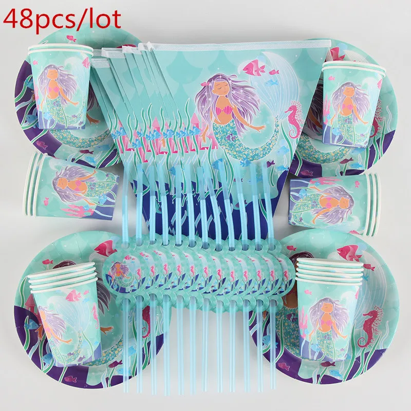

For 12 People Kids Birthday Party Supplies Ocean Mermaid Party Decoration sets Paper Garland Plates Cups Baby Shower Supplies