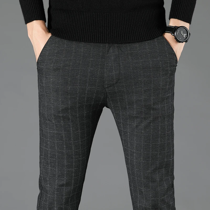 Мужская одежда, клетчатые Стрейчевые ткани, деловые повседневные облегающие брюки, осенние мужские винтажные клетчатые Стрейчевые мужские формальные брюки