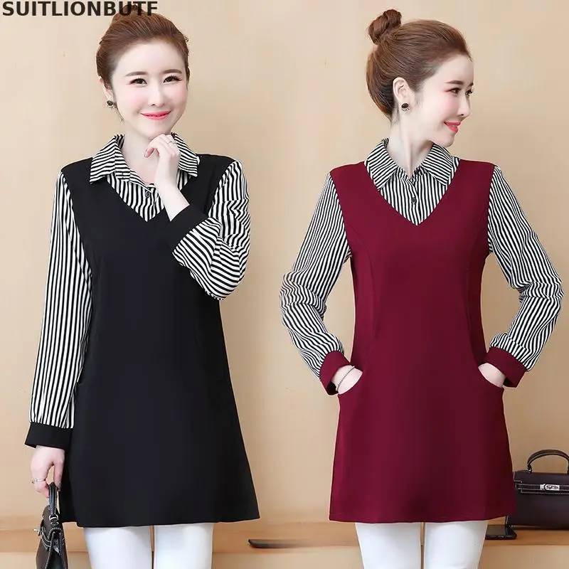 

L-5XL Plus Size Women Fake Two Piece Blouse Women Striped Patchwork Long Blouse Turn-down Collar OL Elegant Ladies Women Blouses