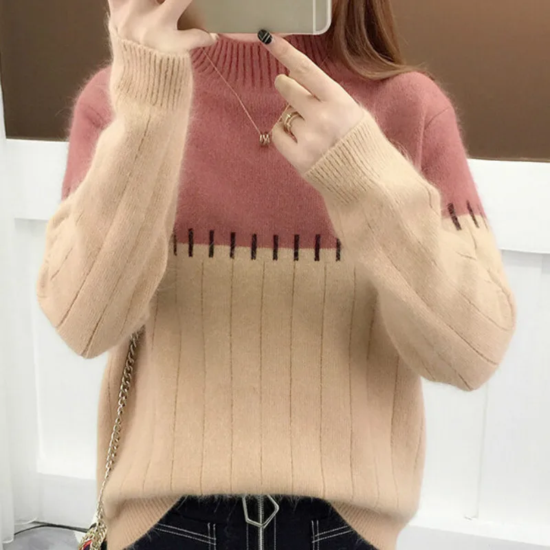 Neploe вязаные свитеры женские корейские полувысокие свободные пуловеры с круглым вырезом короткие Лоскутные Pull Femme осень-зима 46722 - Цвет: photo color  4