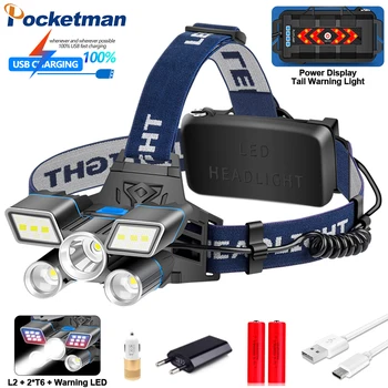 

Red Blue White Light 9 Modes LED Headlamp L2+ 2*T6 LED Headlight USB Rechargeable Head Light with Tail Warning Light