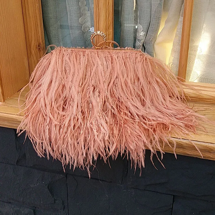 2022 Luxury Ostrich Feather Party Evening Clutch Bag Women Wedding Purses and Handbags Small Shoulder Chain Bag Designer Bag
