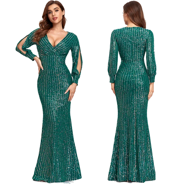 Sexy V-neck Mermaid Evening Dress Long Formal Prom Party Gown Full Sequins long Sleeve Galadress Vestidos Women Dresses 2021 Green Gold