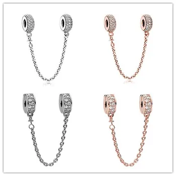 

925 Sterling Silver Bead Charm Pave Inspiration Crystal Safety Chain Beads Fit Pandora Bracelet & Necklace DIY Jewelry