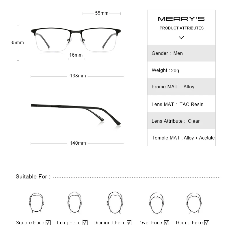MERRYS дизайн для мужчин сплав оправа для очков для мужчин квадратный половина оптический Сверхлегкий миопия, Гиперметропия рецепт очки S2062