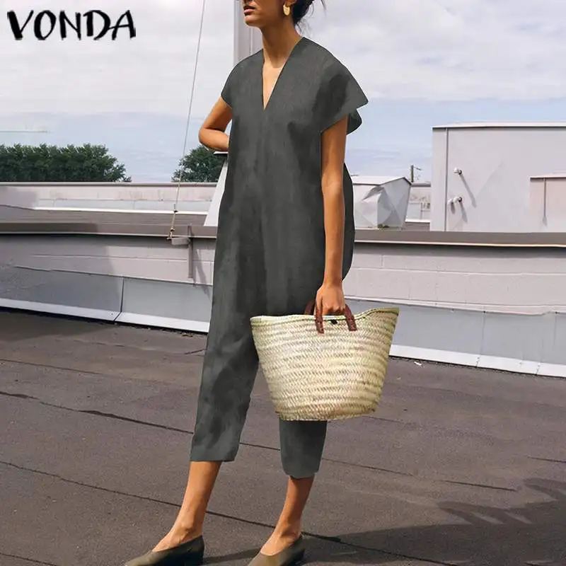 VONDA 3/4 длина Комбинезоны Женский комбинезон с коротким рукавом цельные штаны до середины икры комбинезоны Pantalon Femme размера плюс 5XL