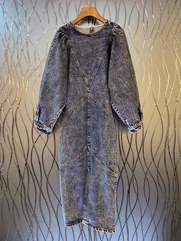 

Women Denim Dress Long Sleeve O Neck Retro 2020 Female Vintage Front Split Robes