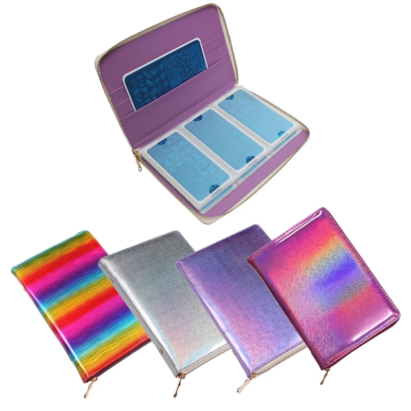 네일 스탬핑 플레이트 홀더 보관 가방, 레인보우 레이저, 직사각형, 둥근 사각형..