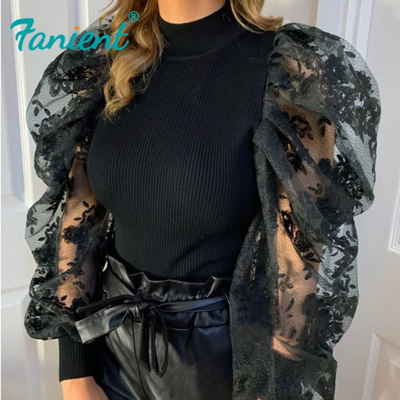Puff Sleeve Knitwear Mesh Transparent Pullover Autumn Women Polka Dot Winter Top Knitted Turtleneck Sweater Woman Winter Jumpers