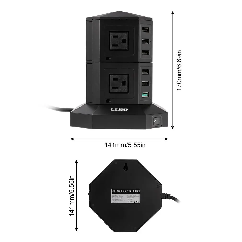 LESHP USB Smart Charging Socket 2 Layers 6 USB Ports Fast Charge Power Strip 3M Cable Anti Surge Prevention Energy-saving