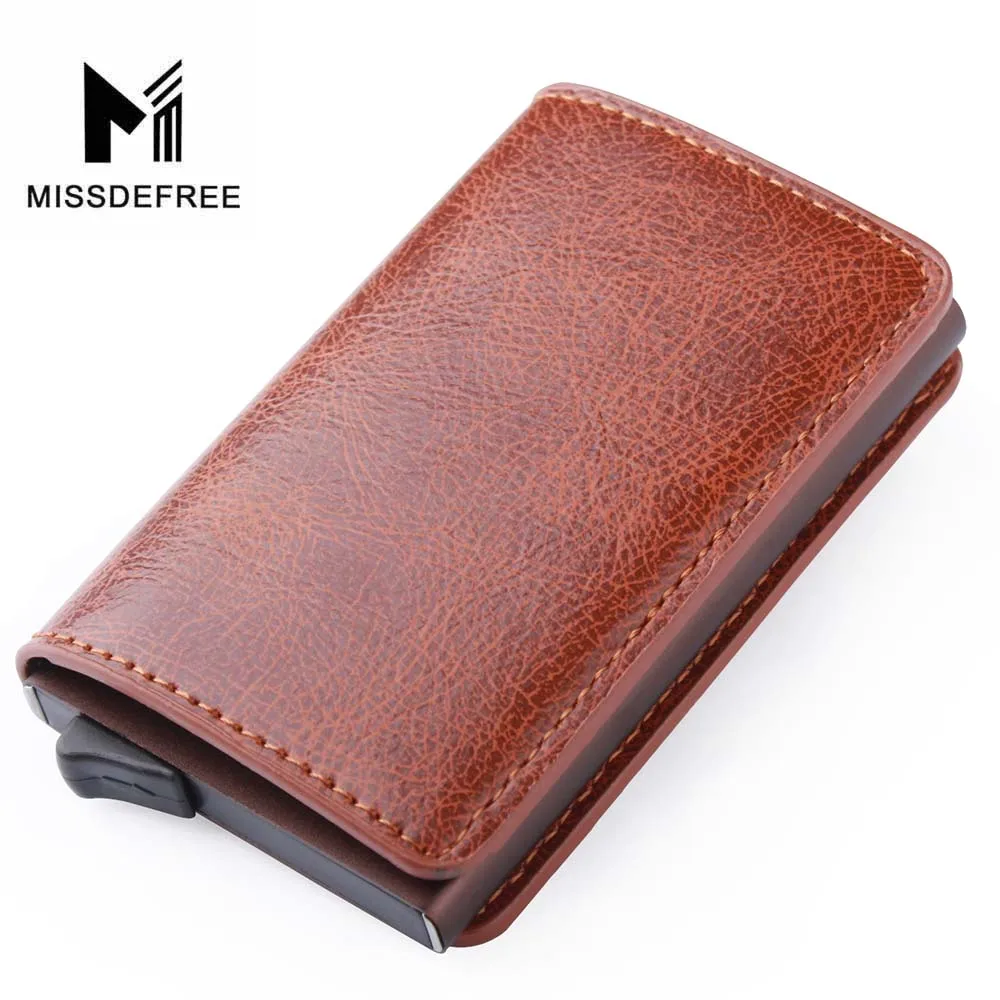 Brown D RFID алюминиевый тонкий кожаный мини-кошелек для мужчин и женщин, бизнес автоматический всплывающий ID кредитный держатель для карт - Цвет: Brown D