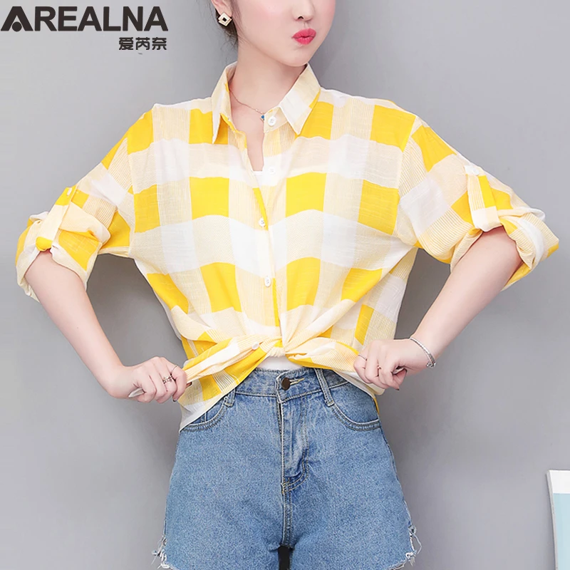 Chic Summer Oversized Chiffon Plaid Women's Shirt Aesthetic Beach Sunscreen Button Blouse Women Tie Front Top Blusas Ropa Mujer | Женская
