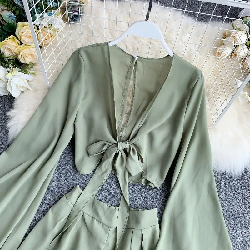 2022 New Summer 2 Piece Outfits For Women Flare Sleeve Crop Top + Broad-legged Shorts Fashion Ladies Sexy Solid Chiffon Suit Set lounge wear sets