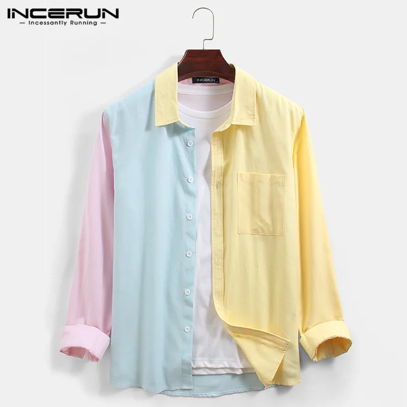 

INCERUN Men Stitching Color Shirts Autumn Patchwork Long Sleeve Lapel Camisa Man Leisure Button Up Chemise Breathable Blusas 3XL