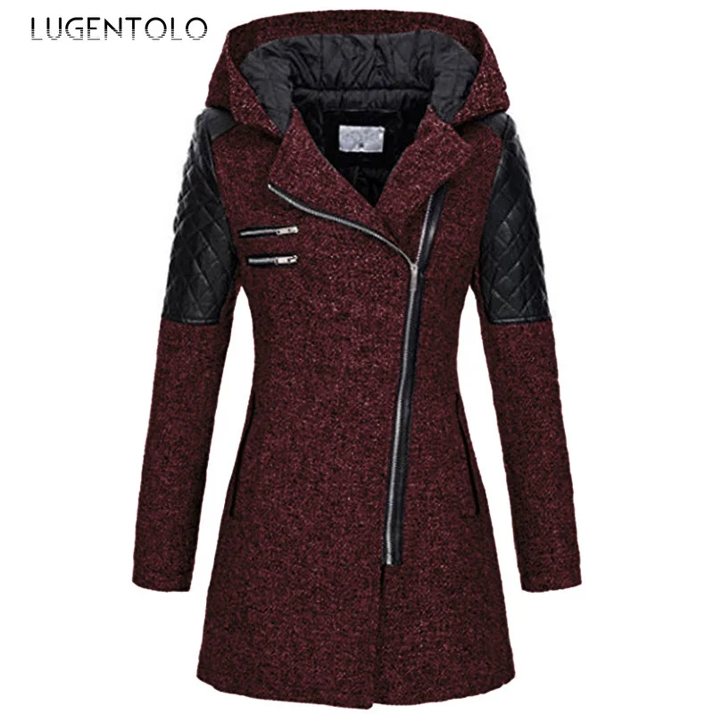 Lugentolo, Женское шерстяное пальто, осень и зима, модное, длинное, с капюшоном, свободное, на молнии, шерстяное, ветровка, толстое пальто