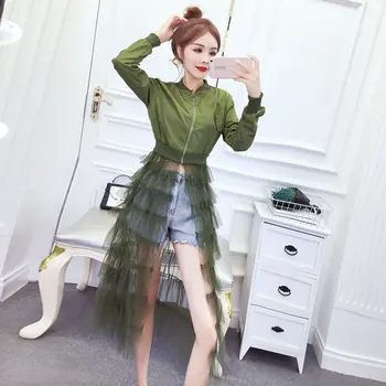 

Women Autumn Winter Long Sleeve Jackets Fashion Mesh Patchwork Zipper Coats