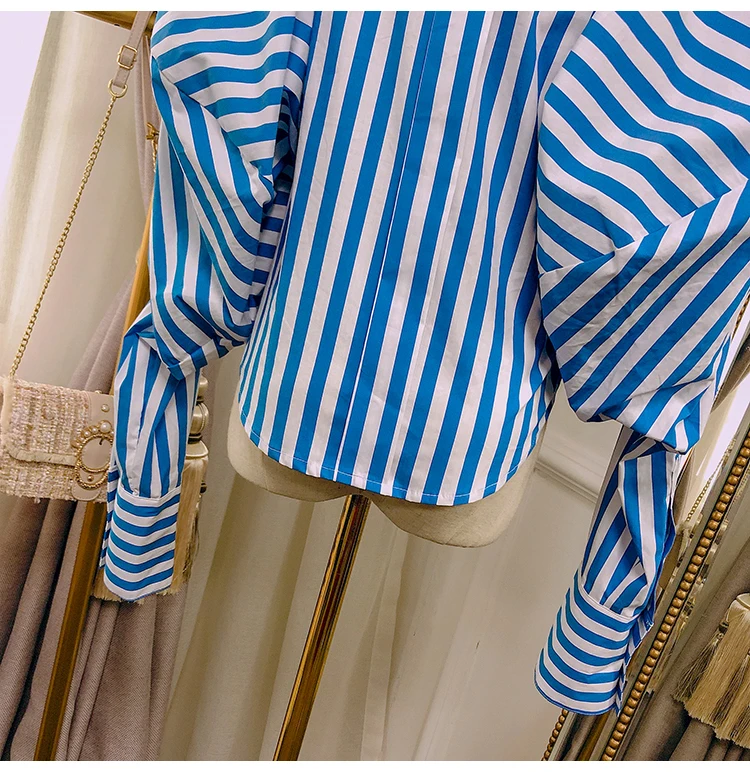 YEAR New Palace Puff Sleeves Women Blouse Striped Asymmetrical Casual Lady Shirt Clothes FOR Street