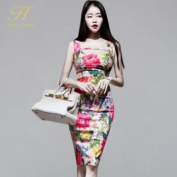 

H Han Queen Summer Bohemian Floral Vintage Dresses Elegant Office Work Vestidos Slim Sheath Bodycon Party Women Pencil Dress New
