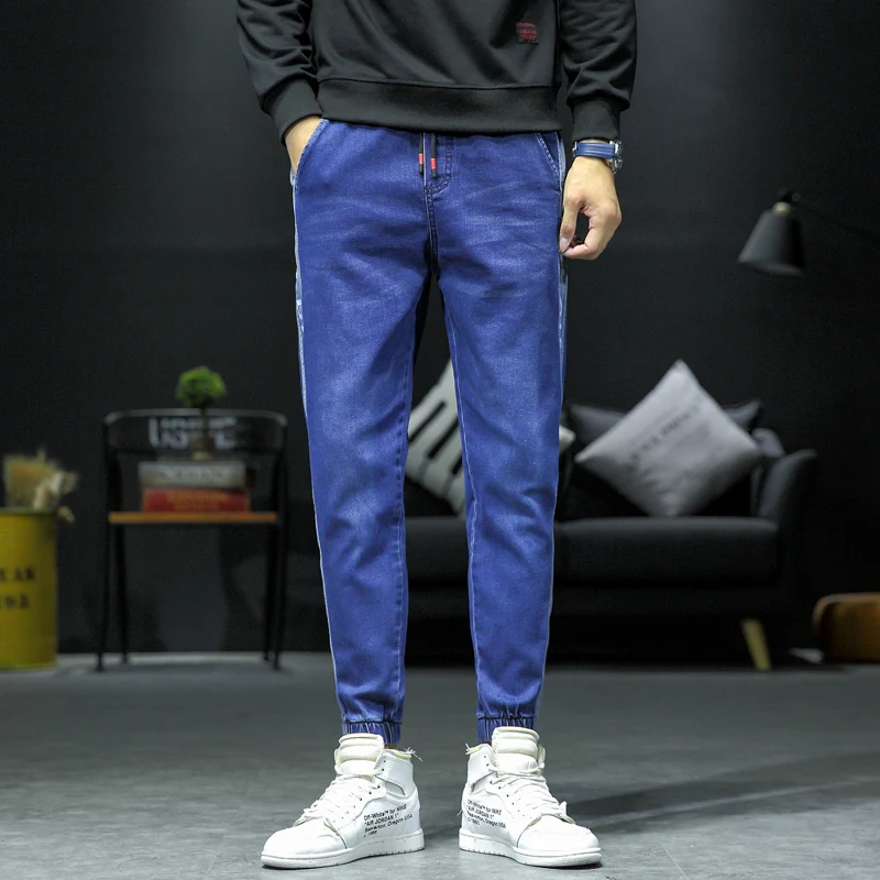 Great Value Men's Casual Autumn Denim Cotton Hip Hop Loose Work Long Trousers Elastic band Jeans Ankle pants men jeans slim fit Cotton
