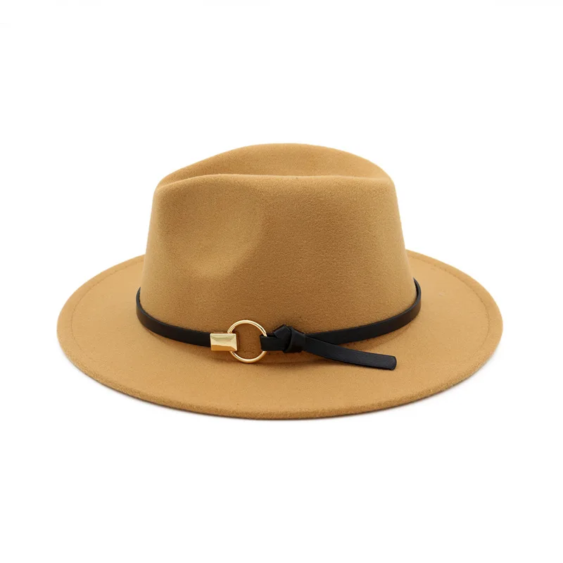 European Wide Brim Cowboy Felt Hat Panama Trilby Jazz Fedora Hats with Leather Buckle Plain Ribbon Woolen Chapeau for Women