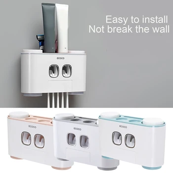 

Behogar Wall Mounted Automatic Toothpaste Squeezer Dispenser Toothbrush Holder Kit with 4 Cups 5 Toothbrush Slots for Bathroom