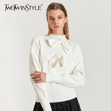 TWOTWINSTYLE, элегантный женский свитер с бантом, водолазка, рукав-фонарик, однотонный пуловер, свитера, женские,, модная одежда