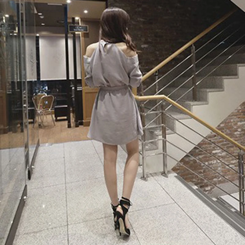 Women summer dresses Elegant Mini Dress Half Sleeve Off Shoulder Belt Solid Color casual sweet fashion korean dress girl lady