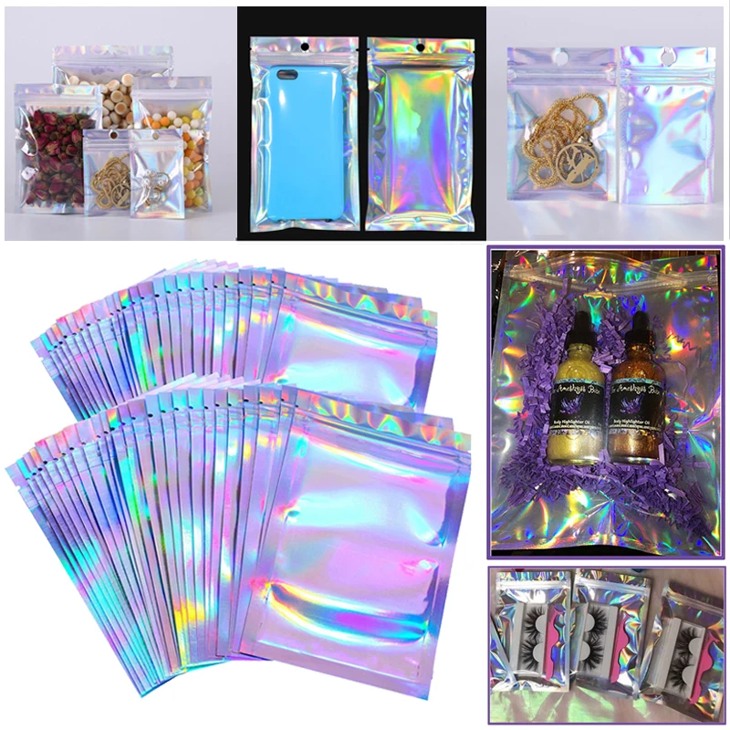 Paquete de pestañas a granel, Bolsa con cierre de cremallera holográfica láser, almacenamiento de collares, logotipo de marca personalizado, pegatina, Idea al por mayor, embalaje de regalo