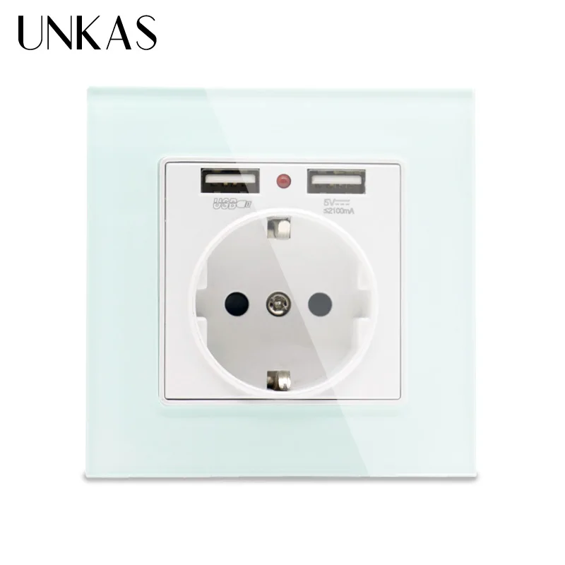 Green Glass Socket UNKAS, зеленая, розовая, цветная стеклянная панель с кристаллами, двойной usb порт для зарядки, 2.1A, 16A, Россия, Испания, настенная розетка, европейская розетка - Тип: Green Glass Socket