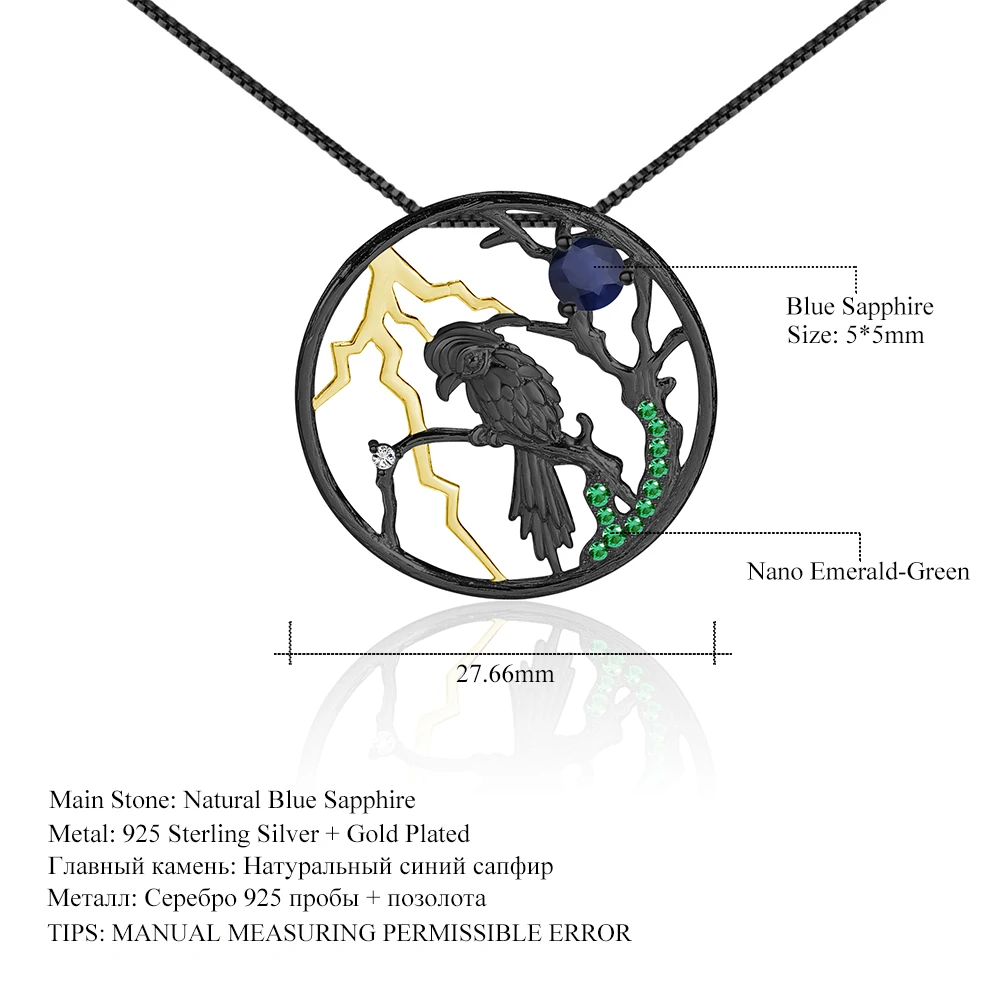 GEM'S BALLET Natural Blue Sapphire Handmade Halloween Jewelry 925 Sterling Silver Bird on the Tree Pendant Necklace For Women