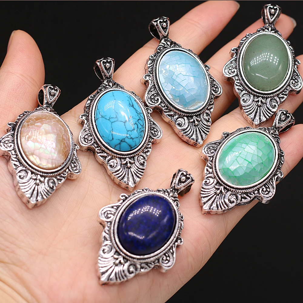 New Vintage Abalone Shell Pendants Charms Elliptical Malachite Amethysts Pendant for Jewelry Making DIY Necklace Accessories 2