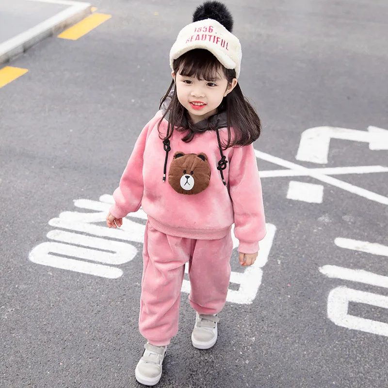 

Thicken Plush Girls Tracksuit Winter Hooded Tops+Pants 2pcs Cartoon Bear Pattern Velvet Kids Suit Brand Pullover Sports Outfits