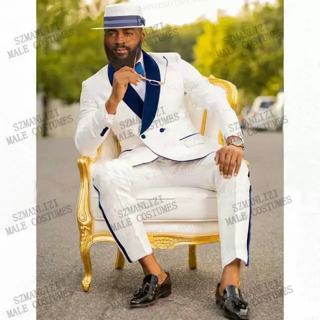 White Burgundy Velvet Lapel Men Suits Double Breasted Groom Smoking Prom Best Man Blazer Slim Fit Men Wedding Suits Tuxedo