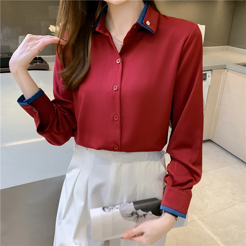 Camisa de larga abotonada para mujer, Blusas de oficina para mujer, Blusas rojas a la moda con cuello vuelto, Blusas XXL 2021|Camisa| - AliExpress
