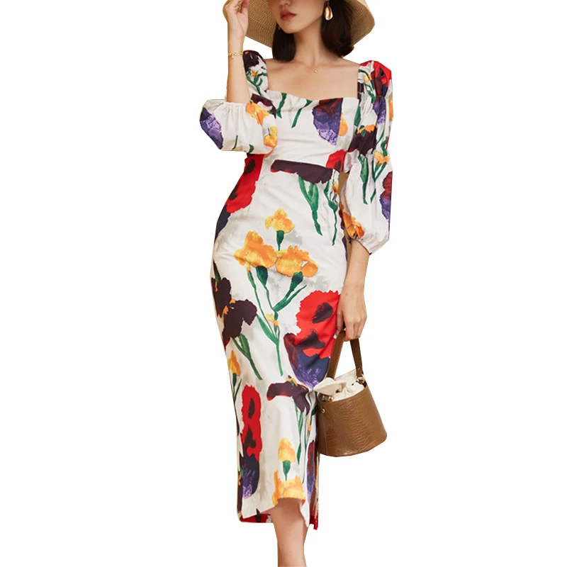 

Summer Long Dress Women Puff Sleeve Square Collar Vintage Print Floral Dresses Elegant Ladies High Waist Slim Boho Dress Clothes