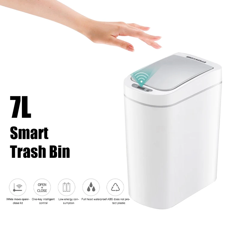 7L Home Intelligent Trash Can Automatic Induction Electric Waste Bins Kick Barrel Battery Version Trash Can for Kitchen Bathroom