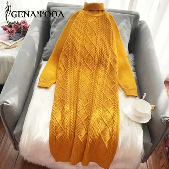 

Genayooa Knitted Sweater Dresses Slim Winter 2019 Solid Split Turtleneck Women Dress Elegant Warm High Quality Vestidos Fashion