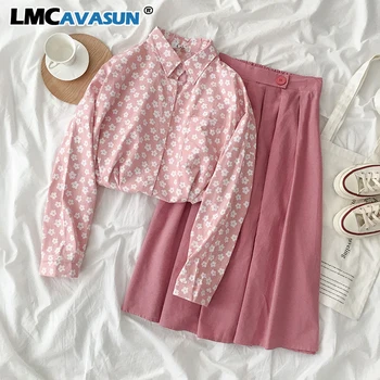 

Spring Sweet Pink Skirt Set Women Casual Long Sleeve Turn-down Collar Blouse + High Waist A-line Long Skirt Female Matching Set