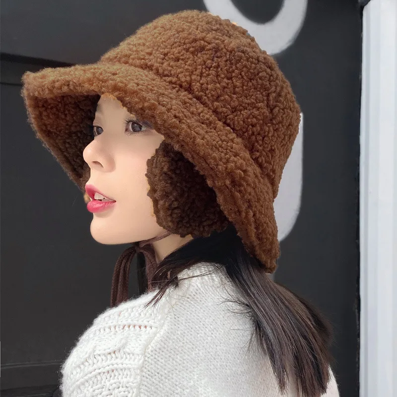 Новая осенне-зимняя женская теплая шапка с ушками из овечьей шерсти, бархатное ведро, шапка для женщин и девочек, шапка в рыбацком стиле, Повседневная милая плюшевая шляпа, Панама