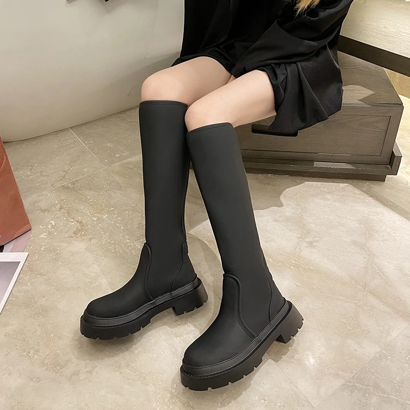 

Brand Design Female Boots Square Med Heel With Platform 2021 Autumn Winter Comfy Lady Office Women Knee High Booties Shoes