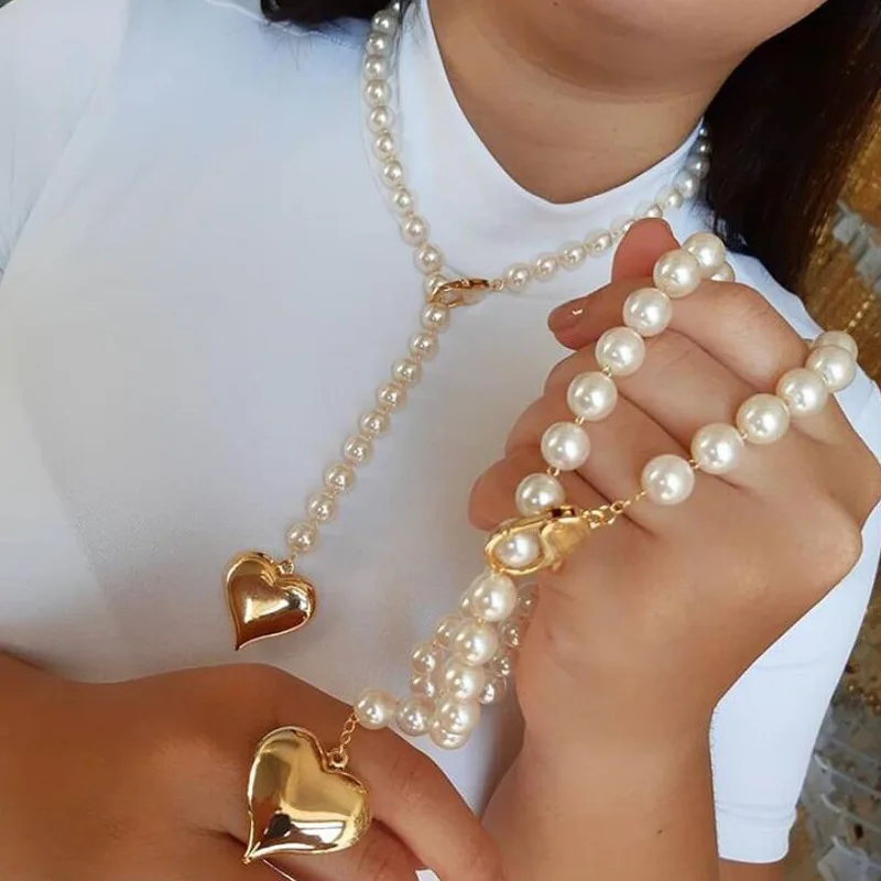 Mode Sumulated Perle Choker Halsketten für Frauen Koreanische Herz Liebe Anhänger Halskette Grils Vintage Collier Schmuck Geschenk