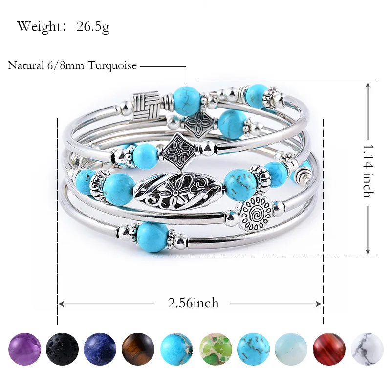 New Natural Turquoise/Tigereye Winding Multi-Circle Layered Natural Stone Beaded Bracelet for Women